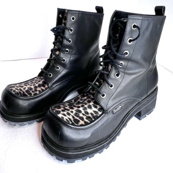 Retro Mudd Boots Combat Moto Y2K Leopard Black Genuine Leather 10 Lace Up - Picture 11 of 17